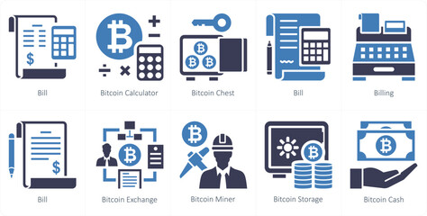 A set of 10 mix icons as bill, bitcoin calculator, bitcoin chest
