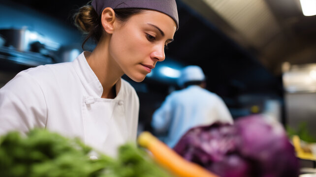 Female chef kitchen uniform focused preparing vegetable professional culinary restaurant working healthy food fresh