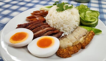 Thai Red Pork, Crispy Pork Belly, and Egg with Rice (Khao Moo Daeng Moo Krob Kai)