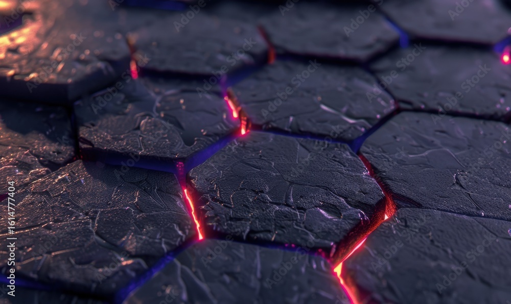 Poster abstract geometric surface with glowing cracks dark hexagon tile design