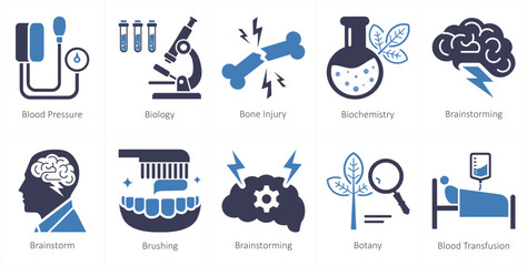 A set of 10 mix icons as blood pressure, biology, bone injury