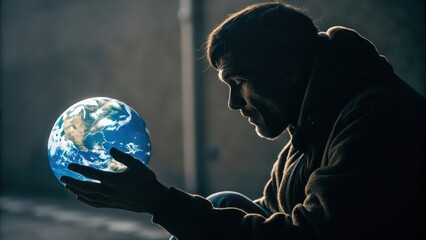 Man holding earth globe in hands concept of global issues environmental problems climate change awareness