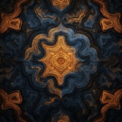 A complex and symmetrical abstract pattern with a central mandala-like design in dark blues, golds, and muted tones, creating an ornate effect.