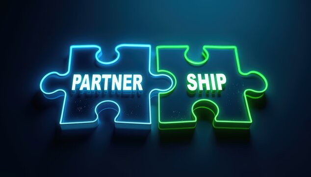 A conceptual image featuring two interlocking puzzle pieces labeled with the words “PARTNER” and “SHIP,” symbolizing partnership and connection. Set against a dark background with glowing or highlight