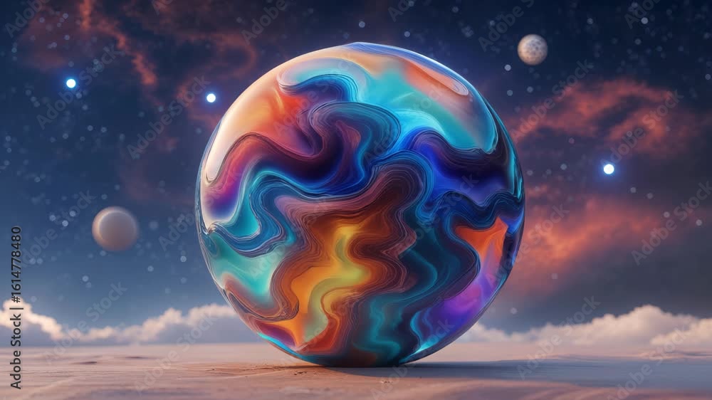 Poster three-dimensional abstract orb with intricate hues and dynamic visual impact in a celestial setting