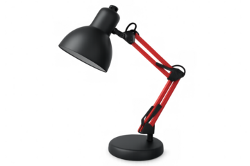 Black and red desk lamp illuminating with transparent background