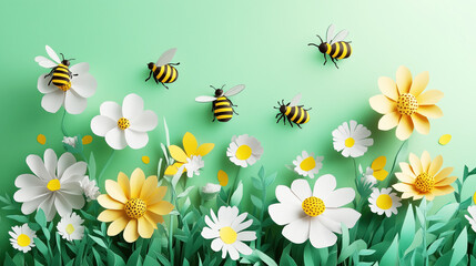 Colorful paper cut flowers and buzzing bees create lively scene against green background, evoking sense of springtime joy