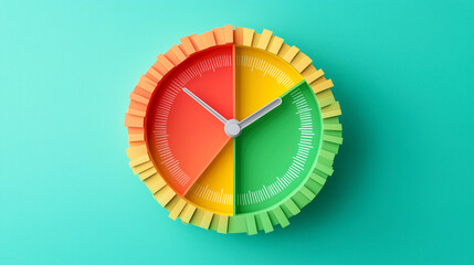 Colorful circular gauge with clock hand design displays energy consumption levels from red to green, symbolizing efficiency. vibrant paper style adds playful touch to concept