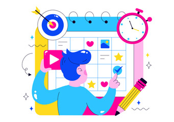 Obraz premium Social Media Content Planning Illustration Featuring People Making Notes on the Calendar with Scheduling Posts and Media Plan for Promotion Marketing