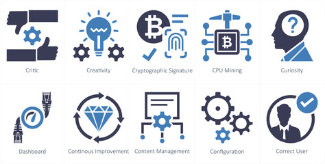 A set of 10 mix icons as critic, creativity, cryptographic signature