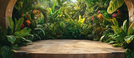 natural light, tropical forest, wooden path, lush vegetation, dense foliage, vibrant colors, sunbeams, photorealistic, 8k, cinematic, highly detailedwooden_planks, tropical_forest, dense_foliage, lus