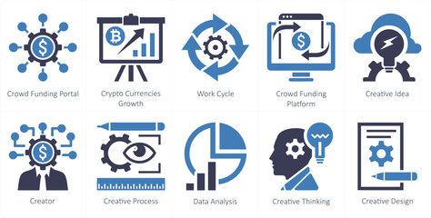 A set of 10 mix icons as crowdfunding portal, crypto currencies growth