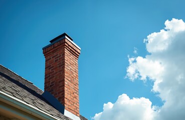 Red brick chimney stands on shingled roof against bright blue sky with white clouds. Suburban home architecture, clear weather, sunny day indicates peaceful neighborhood with rooftop construction,