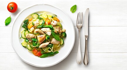 Overhead view of a plate of chicken and vegetable pasta