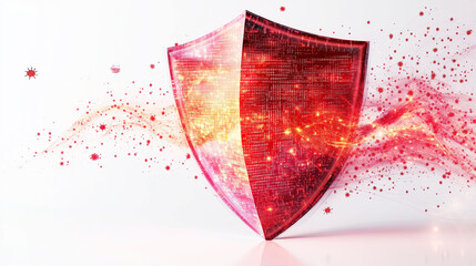 Digital shield deflects data threats with glowing red energy, symbolizing cybersecurity protection. vibrant design conveys sense of security and technological defense