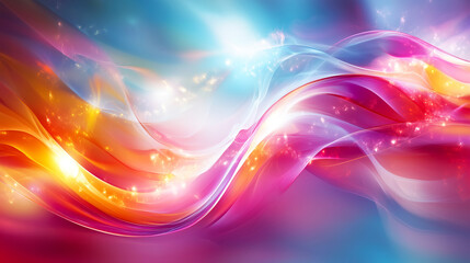 Vibrant abstract background with flowing colorful waves and sparkling light effects, creating sense of motion and energy. blend of pink, blue, and orange hues adds dynamic and lively feel