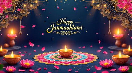 Vibrant janmashtami celebration with diyas flower petals and ornate decorations