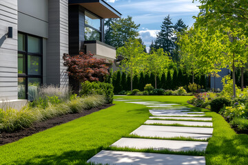 Fototapeta premium Modern House Exterior with a Perfectly Manicured Lawn and Stone Pathway