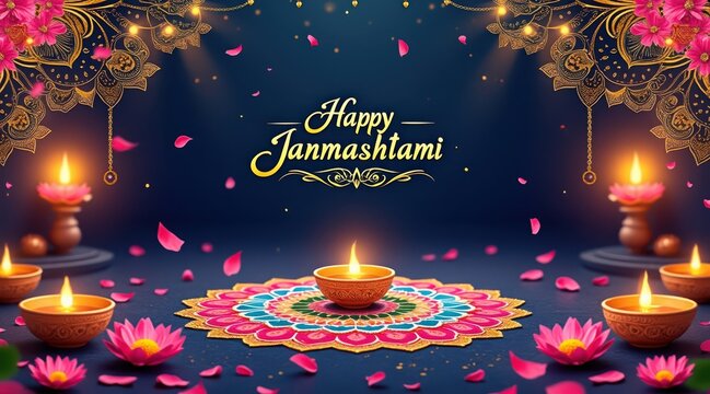 Vibrant janmashtami celebration with diyas flower petals and ornate decorations - Powered by Adobe