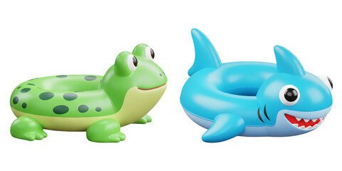 3D cartoon green frog and shark pool float isolated on transparent background, PNG file add