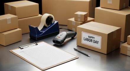 Labor Day Shipping: Boxes, Scanner, Clipboard, Tape Dispenser, and Pen.