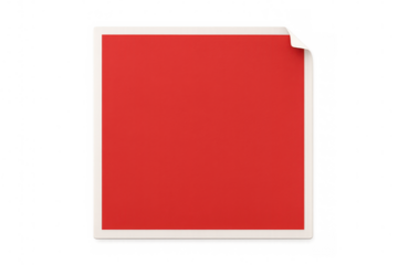 Red square sticker with curled corner on transparent background
