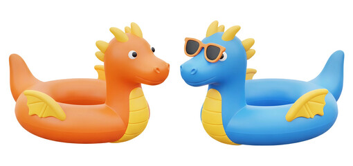 3D cartoon orange and blue dragon pool float isolated on transparent background, PNG file add