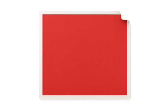 Red square sticker with curled corner on transparent background