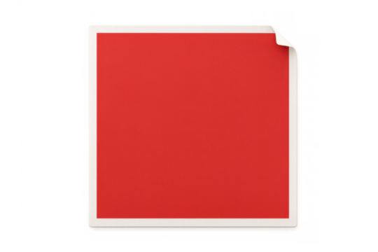 Red square sticker with curled corner on transparent background
