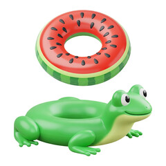 3D cartoon watermelon and green frog pool float isolated on transparent background, PNG file add