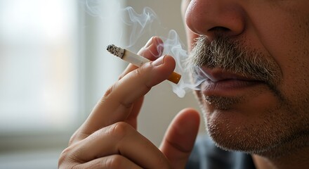 Man smoking a cigarette with smoke around his face close up