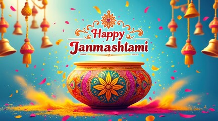 Vibrant dahi handi decorated with colorful patterns for happy janmashtami celebration