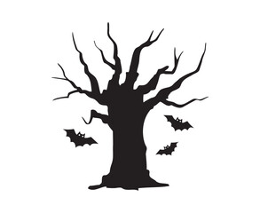 Halloween hand drawn spooky tree doodle silhouette. Creepy tree with bats