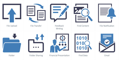 A set of 10 mix icons as file upload, file transfer, feedback writing