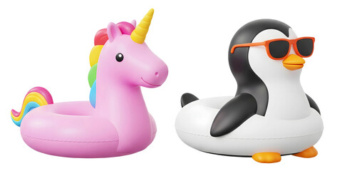3D cute cartoon pink unicorn and penguin with sunglasses pool float isolated on transparent background, PNG file add