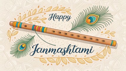 Traditional indian bansuri flute decorated with peacock feathers for janmashtami celebration