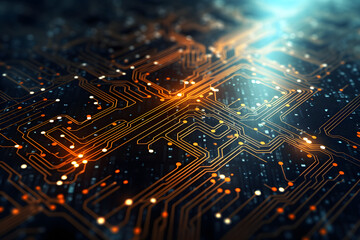 Obraz premium Close-up view of a computer microchip glowing with blue light, technological marvel