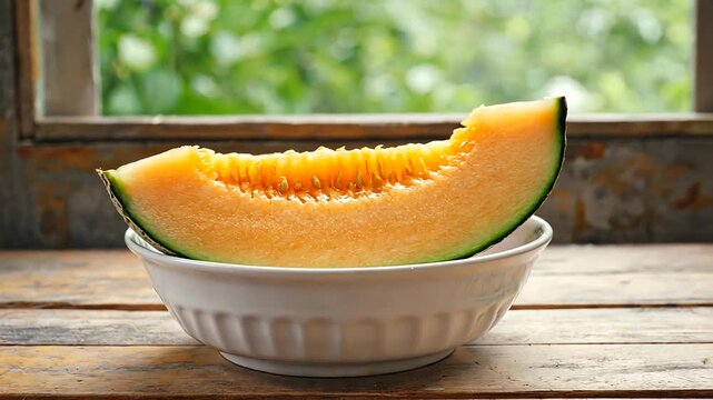 Freshly sliced cantaloupe in a white bowl on a rustic wooden table near a window with greenery