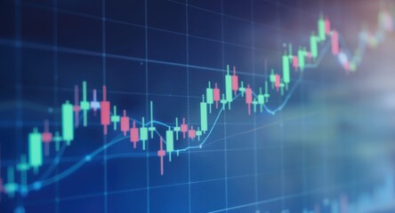 Dynamic Candlestick Chart Illustrating Upward Market Trend with Blue Grid Background