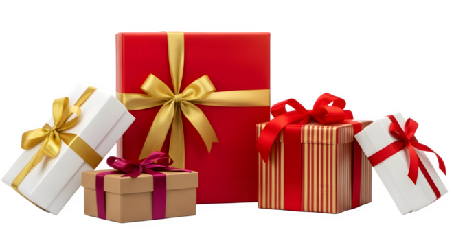 Collection of festive gift boxes with ribbons isolated on transparent background