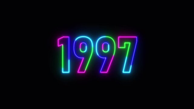 1997 neon line text. Abstract 1997 neon text animation ,For neon color Glowing neon number text background 4k video animation .Digital font against a dark background with neon line looping animation.