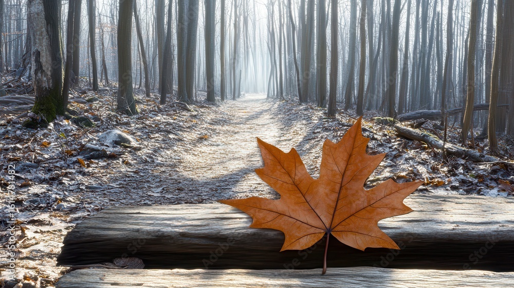 Poster autumn maple leaf on a log in a misty forest pathway scene