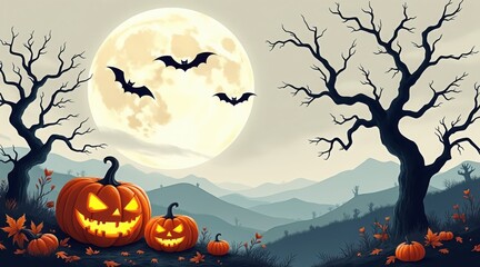 Spooky halloween night with carved pumpkins bare trees and bats flying under a full moon