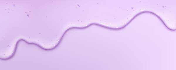 Purple gel liquid drip flowing on pastel background with glossy translucent texture, scattered bubbles in wavy stream. Beauty product border for skincare serum, cosmetic advertising backdrop design. © klyaksun