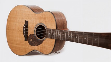 A light brown acoustic guitar isolated on a clean white background
