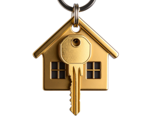 Golden Key with House-Shaped Keychain, Close-Up Front View, Symbolizing Home Ownership, Isolated on Transparent Background