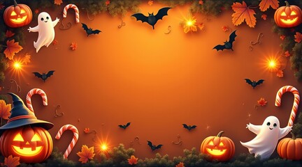 Whimsical halloween border with pumpkins ghosts bats and candy canes