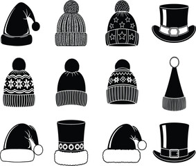 Colorful Winter Hats Collection, Top Hats and Beanies, Perfect for Festive Fashion, Seasonal Design, Holiday Crafts and Vector Illustration