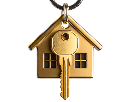 Golden Key with House-Shaped Keychain, Close-Up Front View, Symbolizing Home Ownership, Isolated on Transparent Background