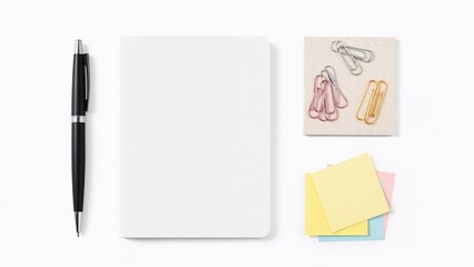 Black pen white grid notebook colorful paper clips and pastel sticky notes on white background